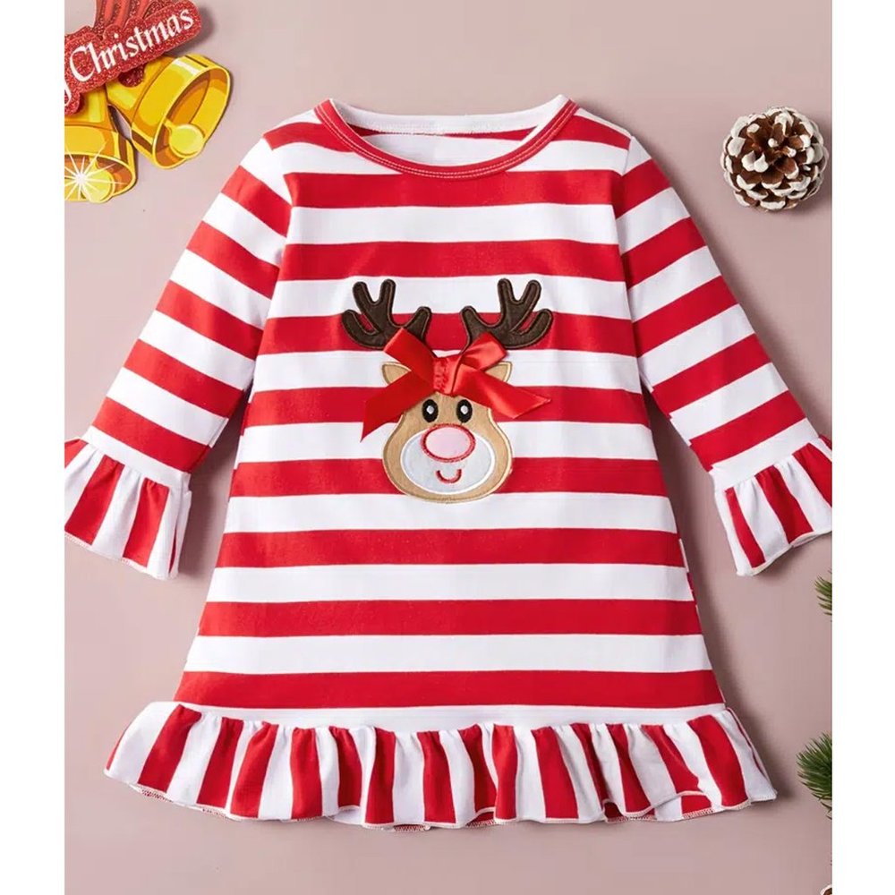 Christmas Long Bell Sleeve Reindeer striped Dress Size 2-3 Years NEW🦋